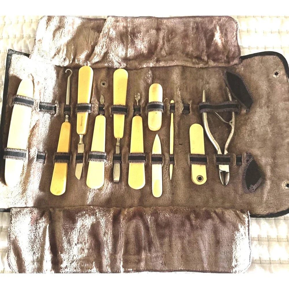 Manicure Set Vintage Leather/Suede Roll Up French Ivory Handles 11 Piece Set